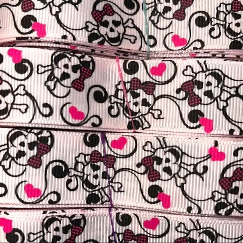 grosgrain Ribbon 7/8” NEW 5 yards beauty skulls checkers hot pink bow scrolls